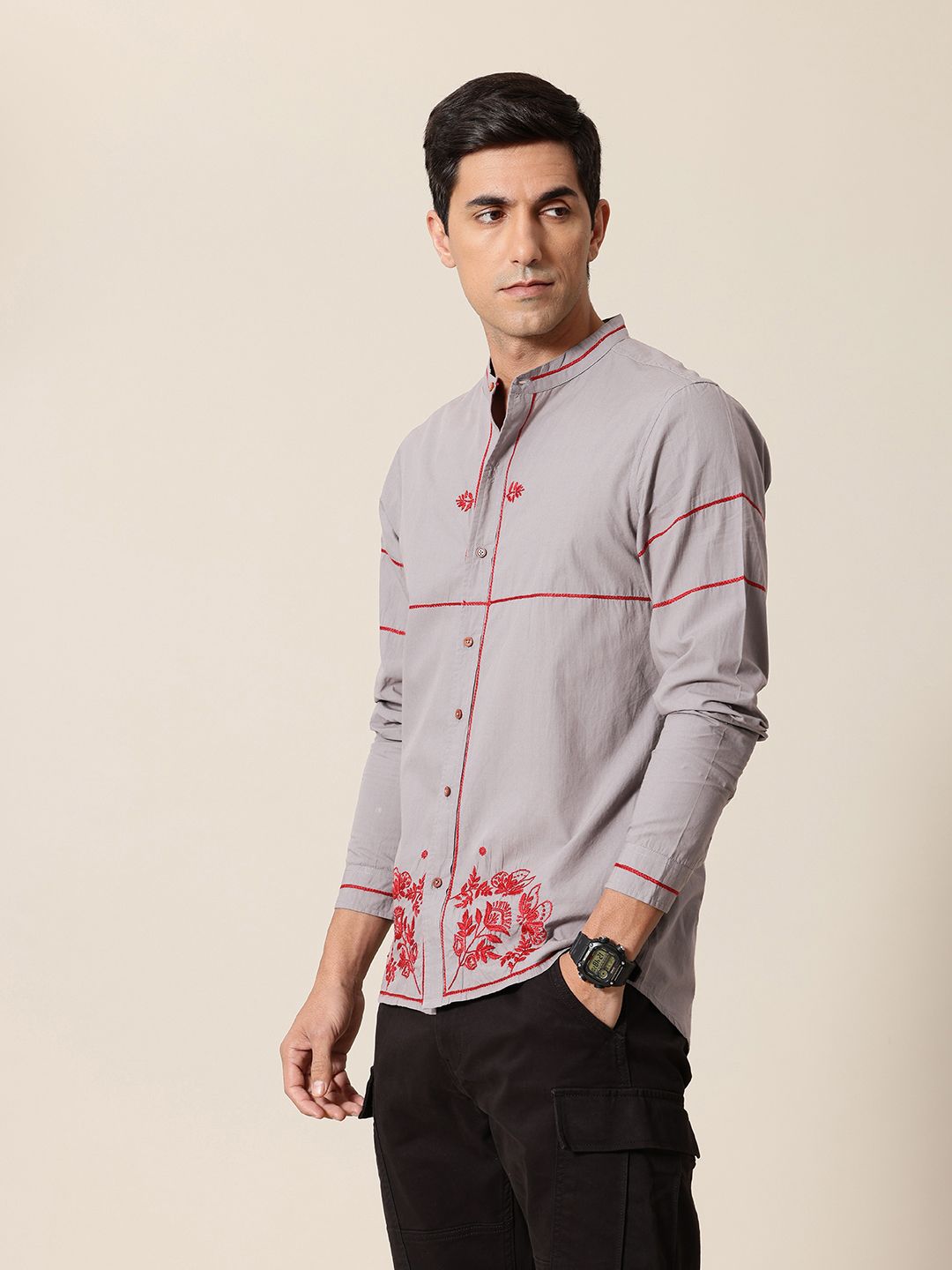 Mr Bowerbird Pure Cotton Floral Embroidered Tailored Fit Opaque Casual Shirt