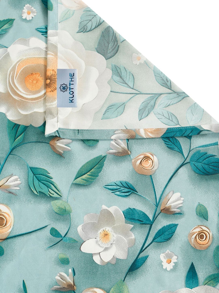 KLOTTHE Turquoise Blue Floral Printed Flat 300 TC Single Cadar 7D Dengan Sarung Bantal