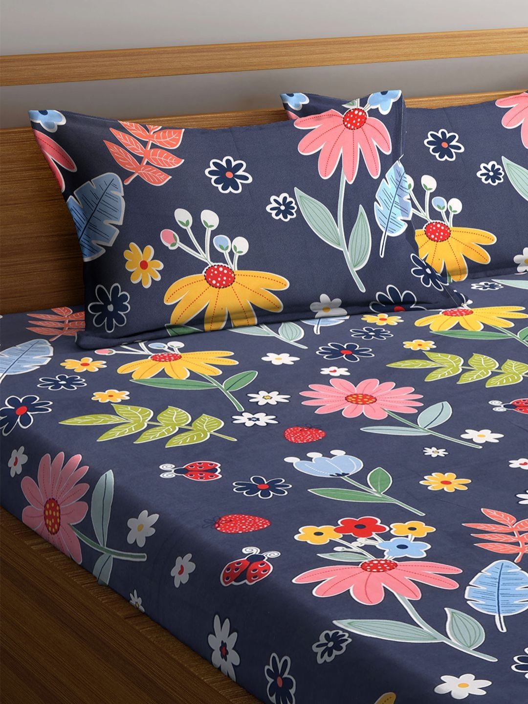 Myntra Elegant Homes Black Floral Polycotton 300 TC King Fine Bedsheet with 2 Pillow Covers-98 x 87 inches