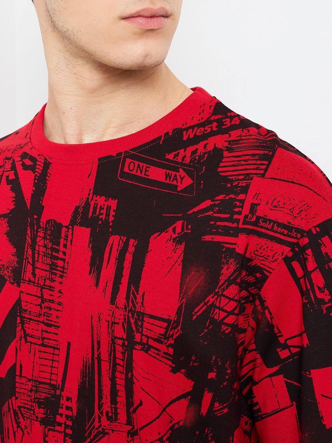 SPYKAR Men Abstract Printed Round Neck Cotton Relaxed Fit T-shirt