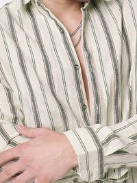 VASTRADO Classic Vertical Striped  Slim Fit Burlap Cotton Casual Shirt