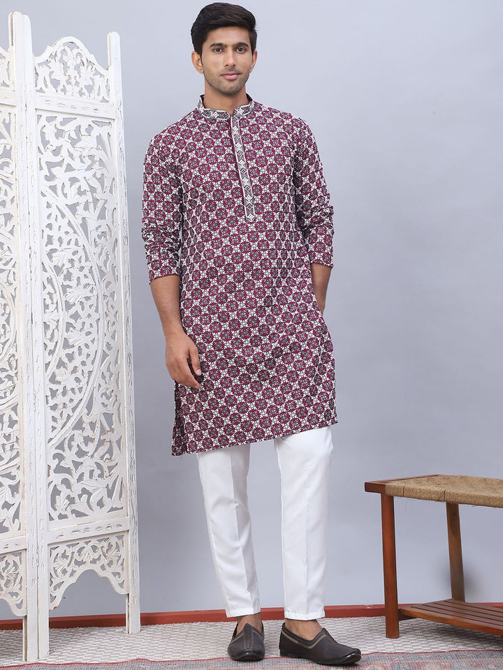 Jompers Floral Embroidered Thread Work Mandarin Collar Straight Kurta with Pyjamas