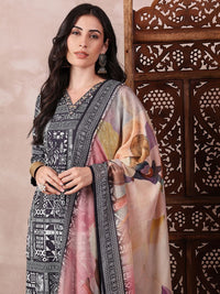 KALINI Geometric Printed Thread Work Straight Kurta with Trousers & Dupatta