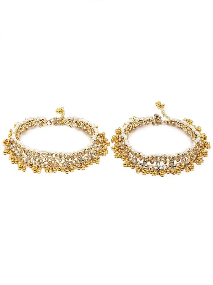 KARATCART  Set Of 2  Gold-Plated White Kundan-Studded Anklets
