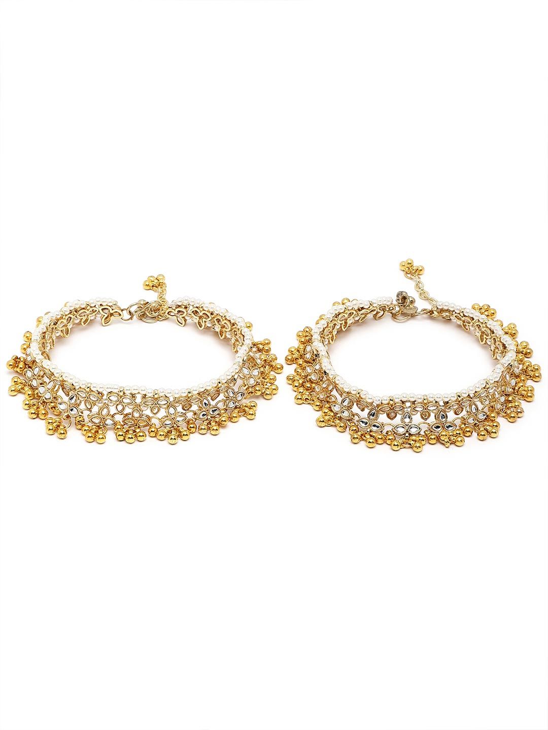 KARATCART  Set Of 2  Gold-Plated White Kundan-Studded Anklets