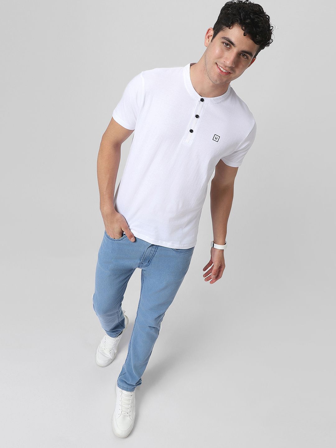 Urbano Fashion Men White Solid Mandarin Collar Pure Cotton T-shirt