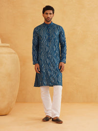 SOJANYA Leheriya Sequinned Band Collar Pure Cotton Straight Kurta With Churidar