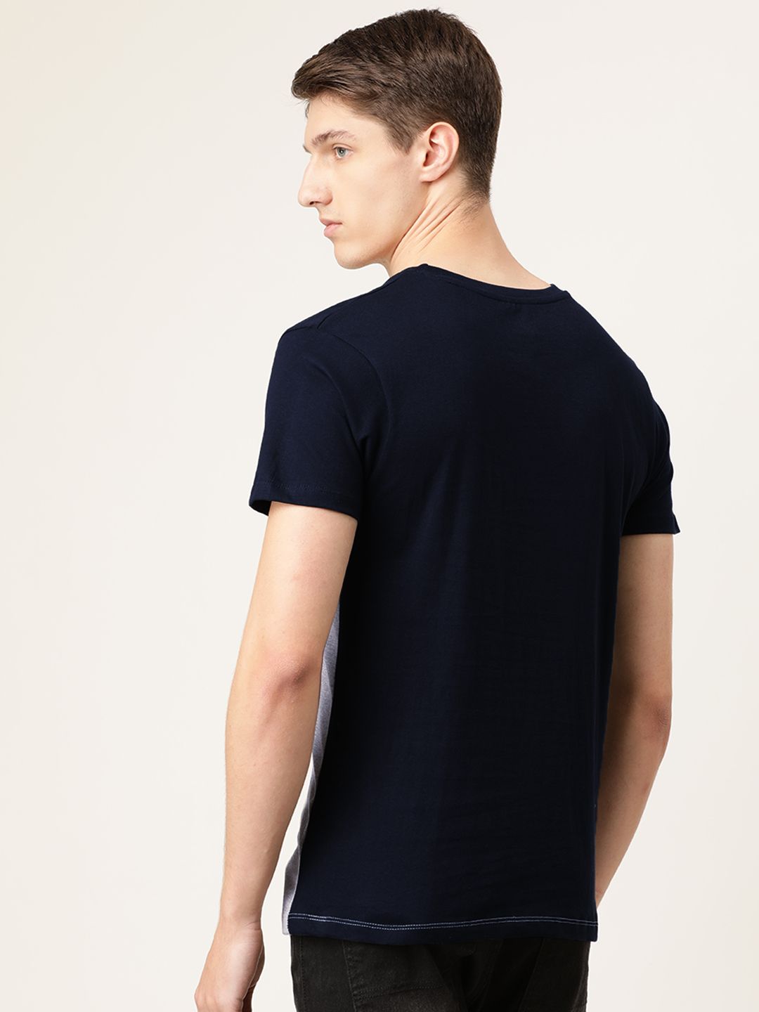 The Indian Garage Co Men Grey Melange  Navy Blue Colourblocked Round Neck Pure Cotton T-shirt