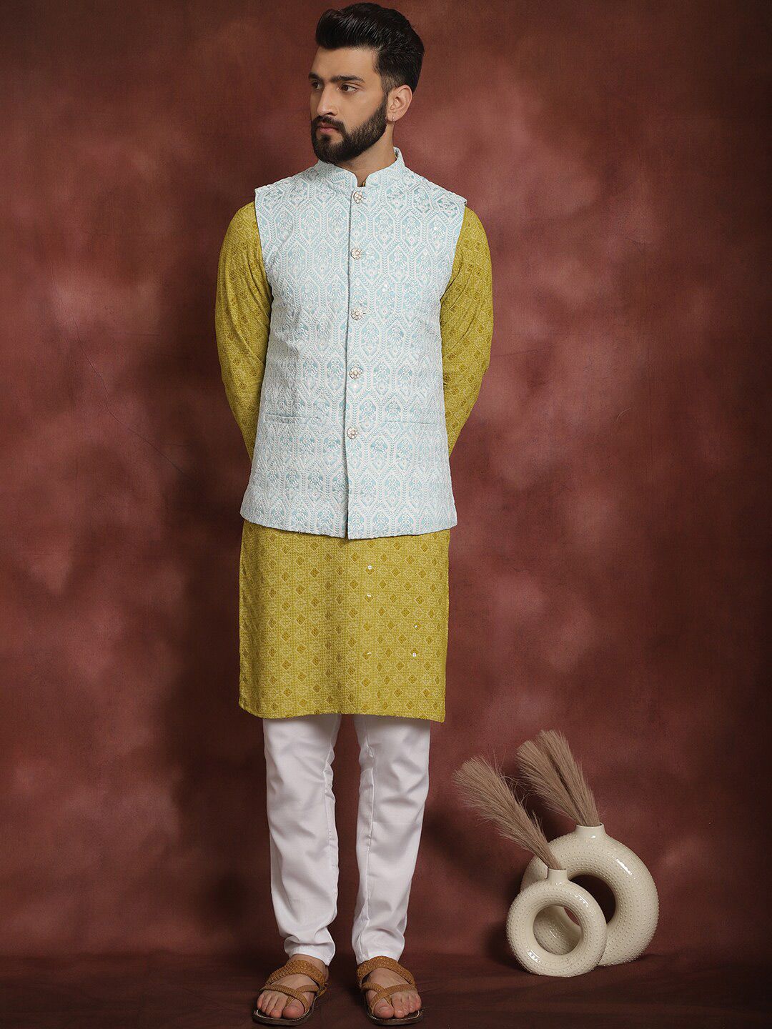 Anouk Embroidered Regular Thread Work Kurta & Churidar With Nehru Jacket