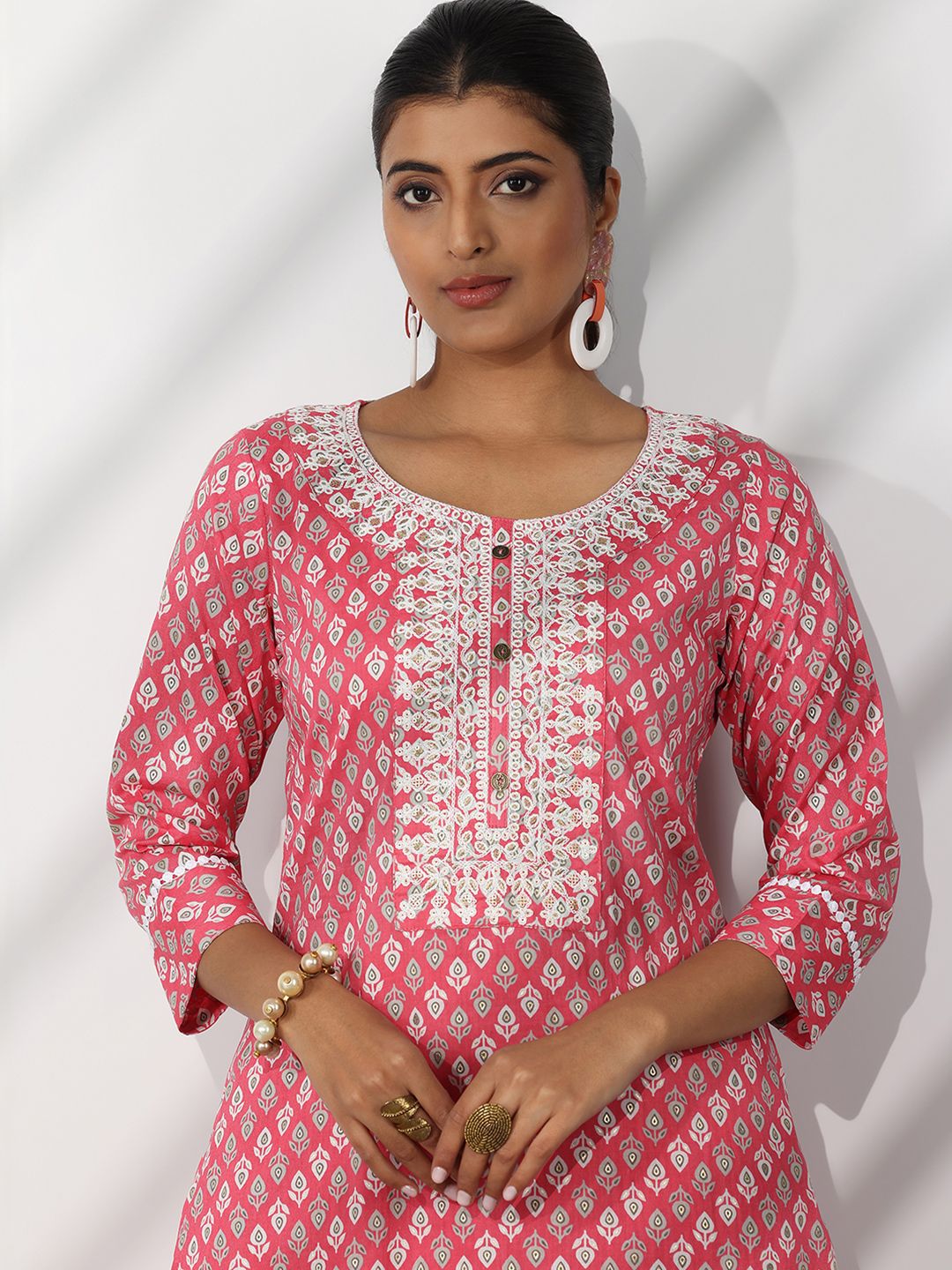 Libas Floral Printed Thread Work Pure Cotton Straight Kurta With Trousers & Dupatta