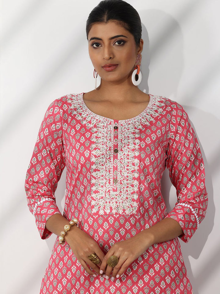 Libas Floral Printed Thread Work Pure Cotton Straight Kurta With Trousers & Dupatta
