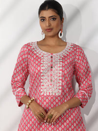Libas Floral Printed Thread Work Pure Cotton Straight Kurta With Trousers & Dupatta