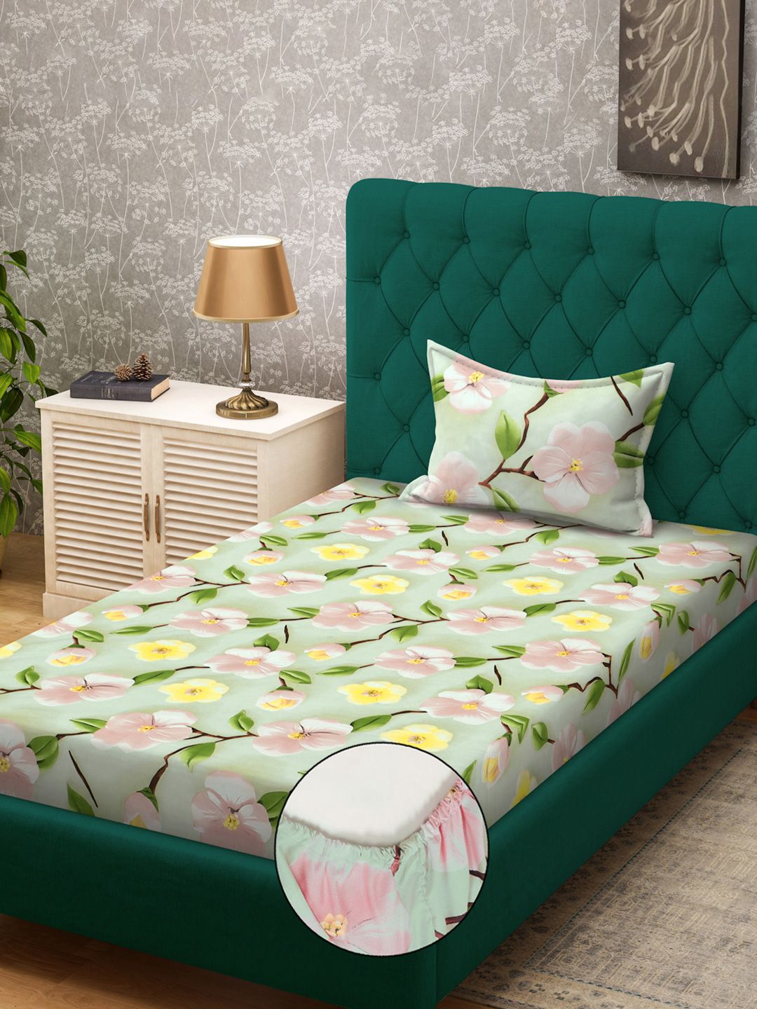 KLOTTHE Green & Yellow Floral Printed Fitted 300 TC Single 7D Bedsheet With Pillow Cover