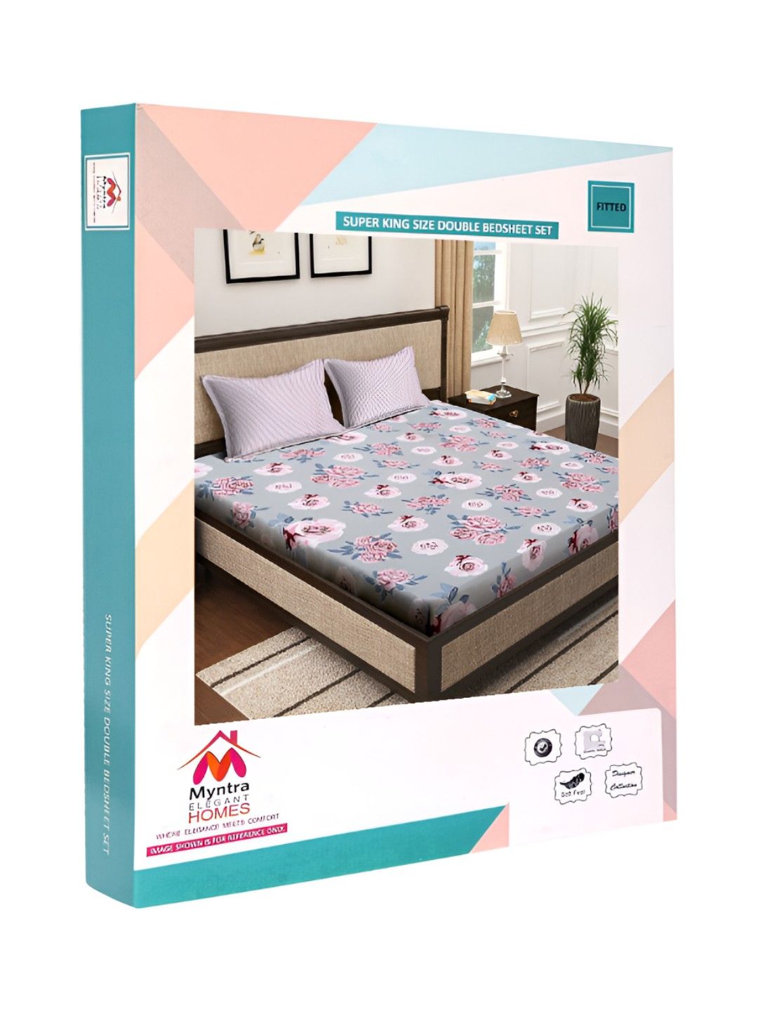 Myntra Elegant Homes Grey & Pink Floral Printed Dilengkapi 300 TC Super King Cadar Dengan 2 Sarung Bantal
