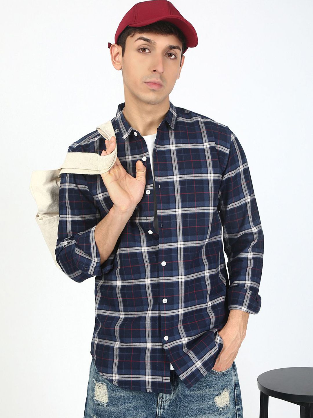 Bene Kleed Men Tartan Checked Spread Collar Cotton Casual Shirt