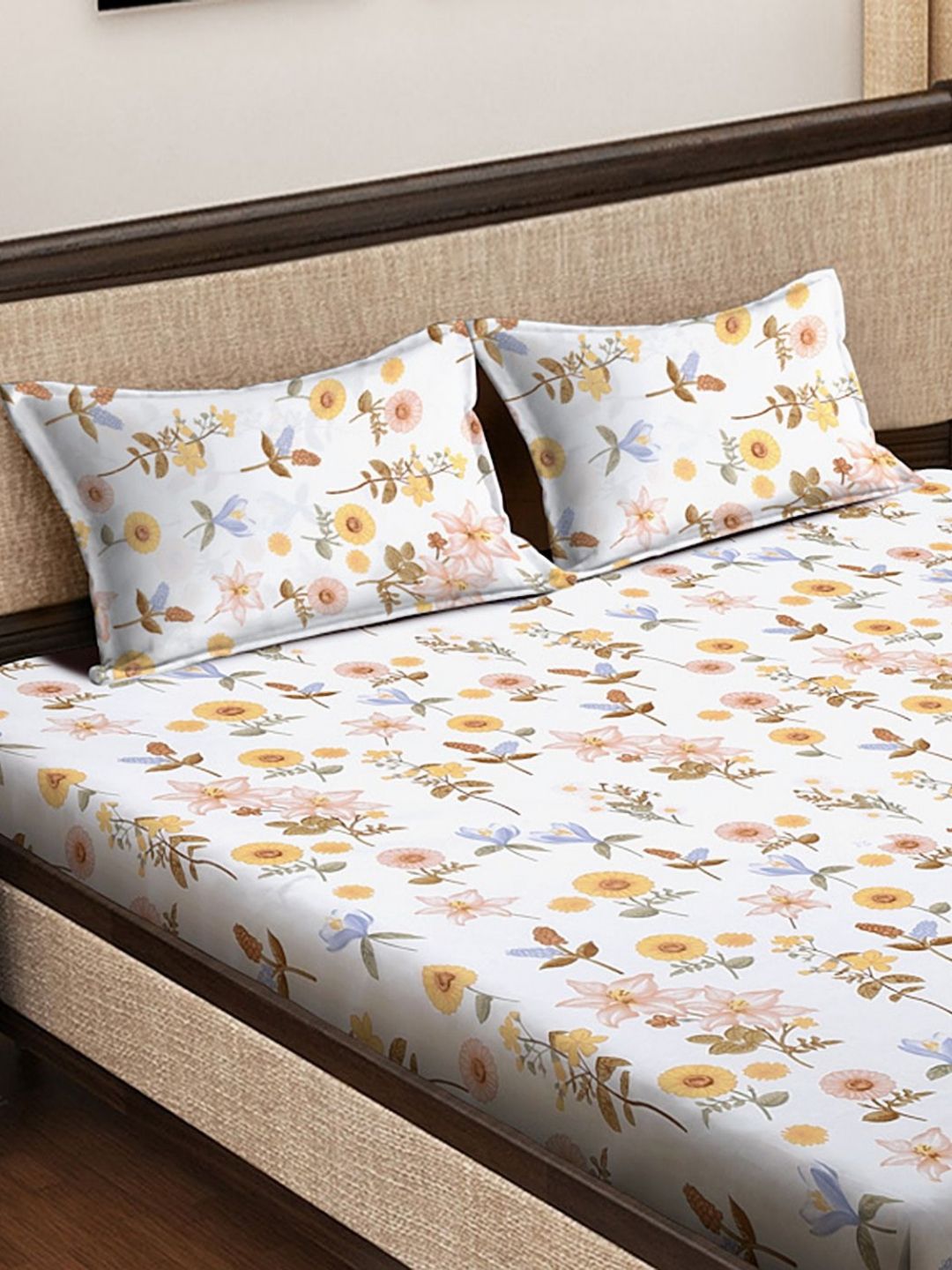 Myntra Elegant Homes White & Green Floral 300 TC King Cadar dengan 2 Sarung Bantal