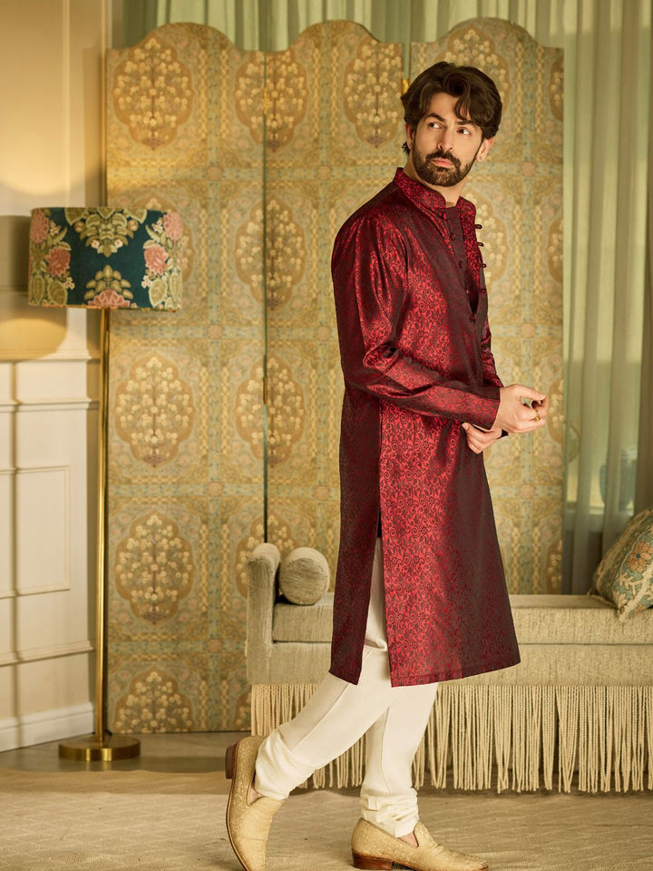 SOJANYA Floral Woven Design Mandarin Collar Straight Kurta With Churidar