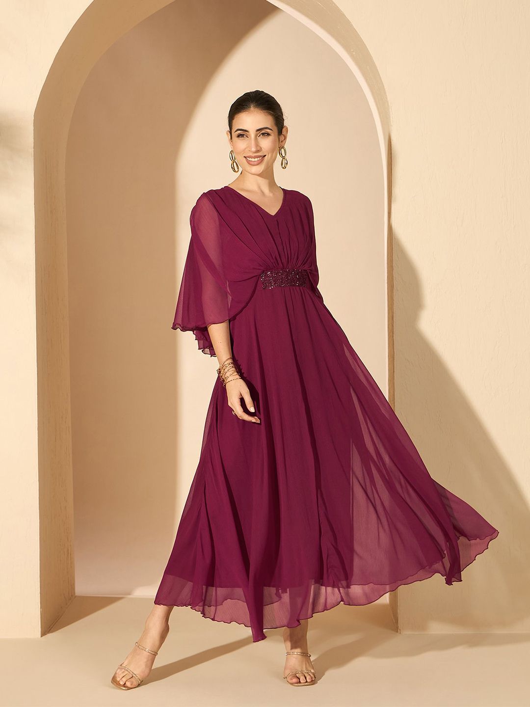 Antheaa Women Embellished Flared Sleeve Fit and Flare Dress