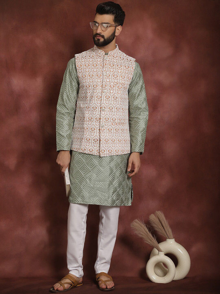 Anouk Geometric Embroidered Straight  Kurta with Churidar & Nehru Jacket