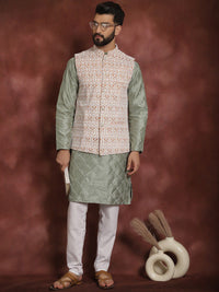 Anouk Geometric Embroidered Straight  Kurta with Churidar & Nehru Jacket