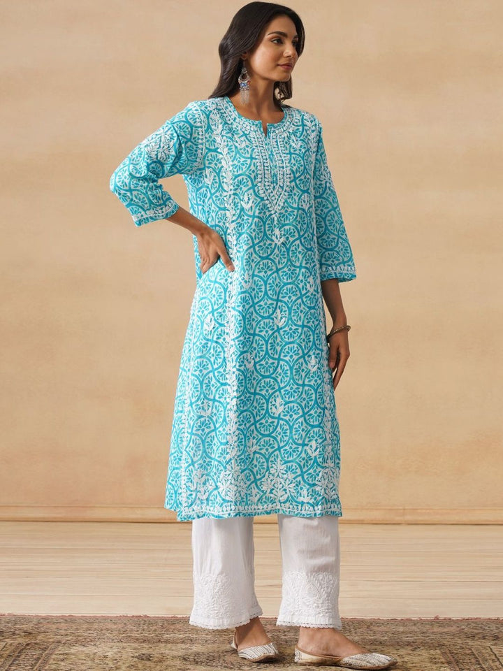 House of Chikankari Women Turquoise Blue Mulmul Chikankari Sulam Kurta