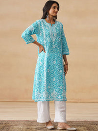 House of Chikankari Women Turquoise Blue Mulmul Chikankari Sulam Kurta