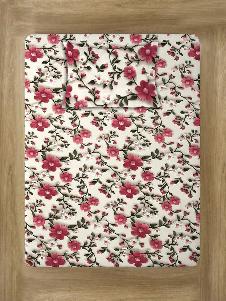 KLOTTHE Warna Krim & Bercetak Bunga Merah Jambu Flat 300 TC Single 7D Cadar & Sarung Bantal