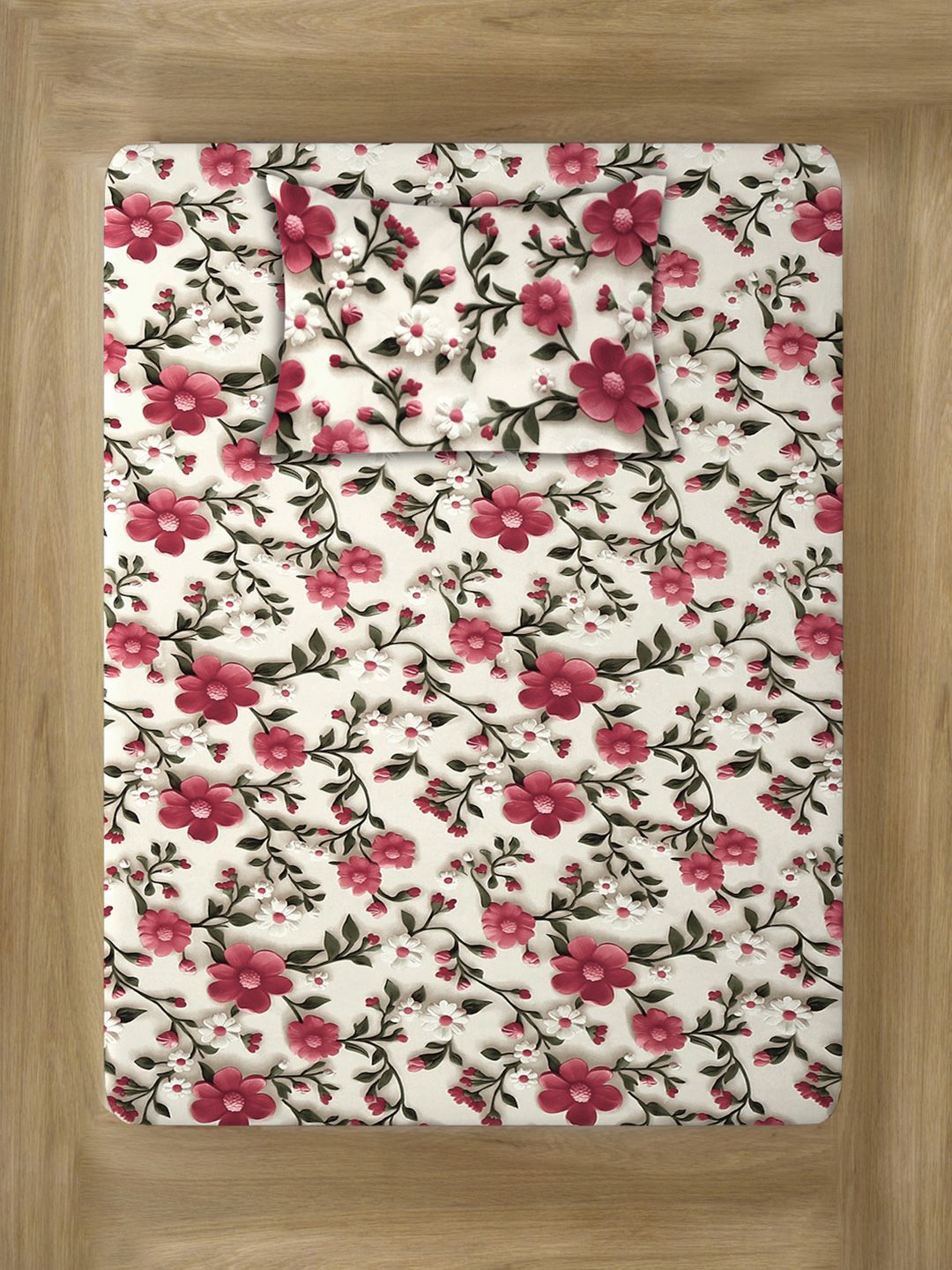 KLOTTHE Warna Krim & Bercetak Bunga Merah Jambu Flat 300 TC Single 7D Cadar & Sarung Bantal