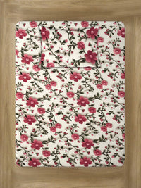 KLOTTHE Warna Krim & Bercetak Bunga Merah Jambu Flat 300 TC Single 7D Cadar & Sarung Bantal