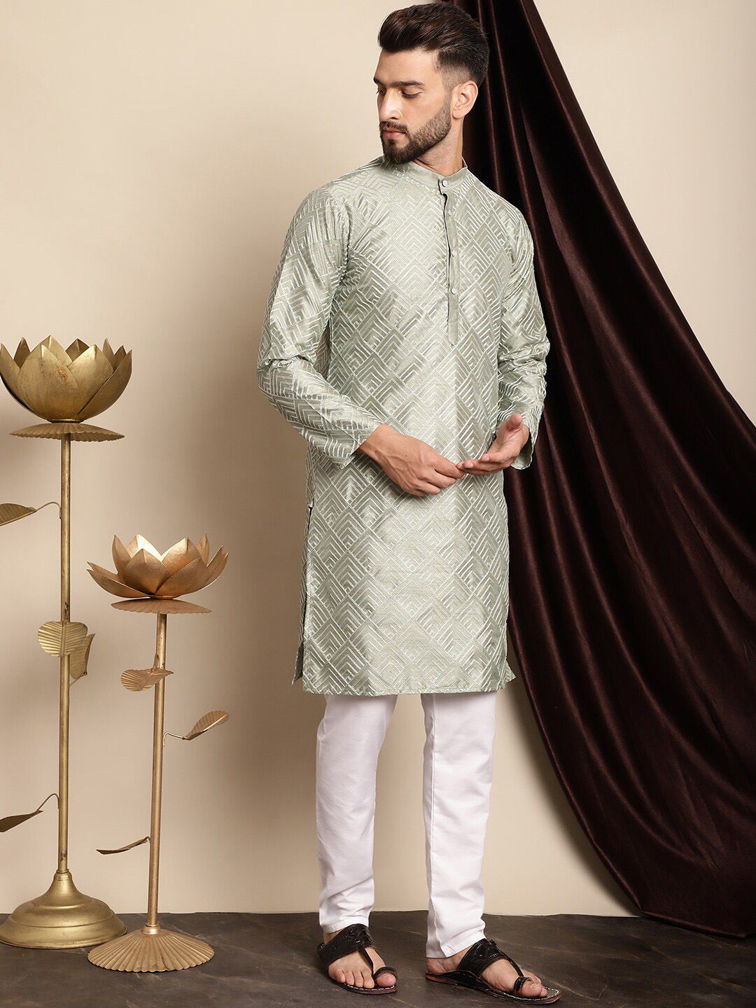 Anouk Embroidered Band Collar Regular Kurta with Churidar