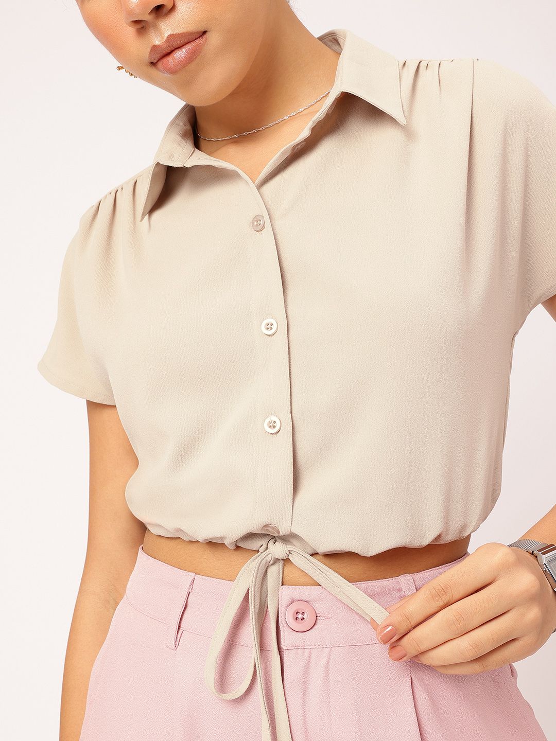 DressBerry Neutral Chic Tie-Up Waist Shirt Style Crop Top