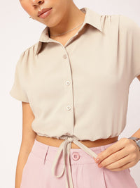 DressBerry Neutral Chic Tie-Up Waist Shirt Style Crop Top