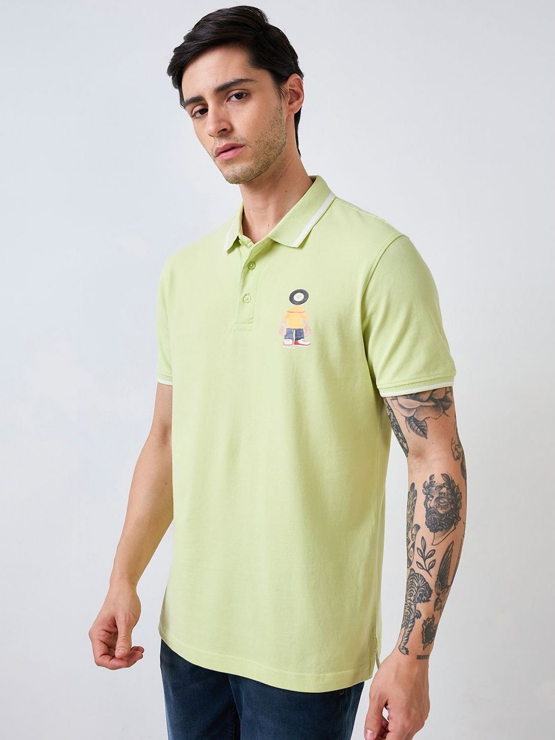 SPYKAR Men Graphic Printed Polo Collar Cotton Slim Fit T-shirt