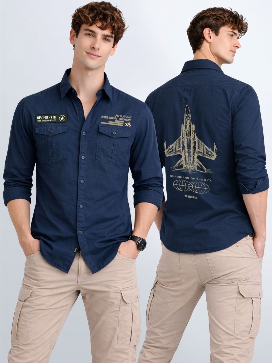 ADRO Lelaki Lengan Roll-Up Kolar Spread Baju Kasual Kapas Standard