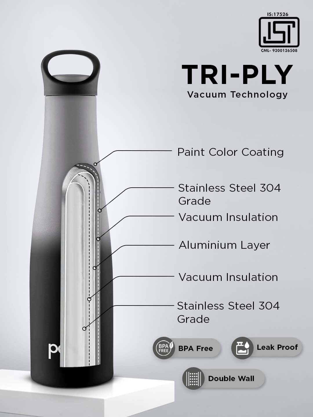 Pexpo Grey & Black Single Stainless Steel Double Wall Vacuum Water Bottle 600ml