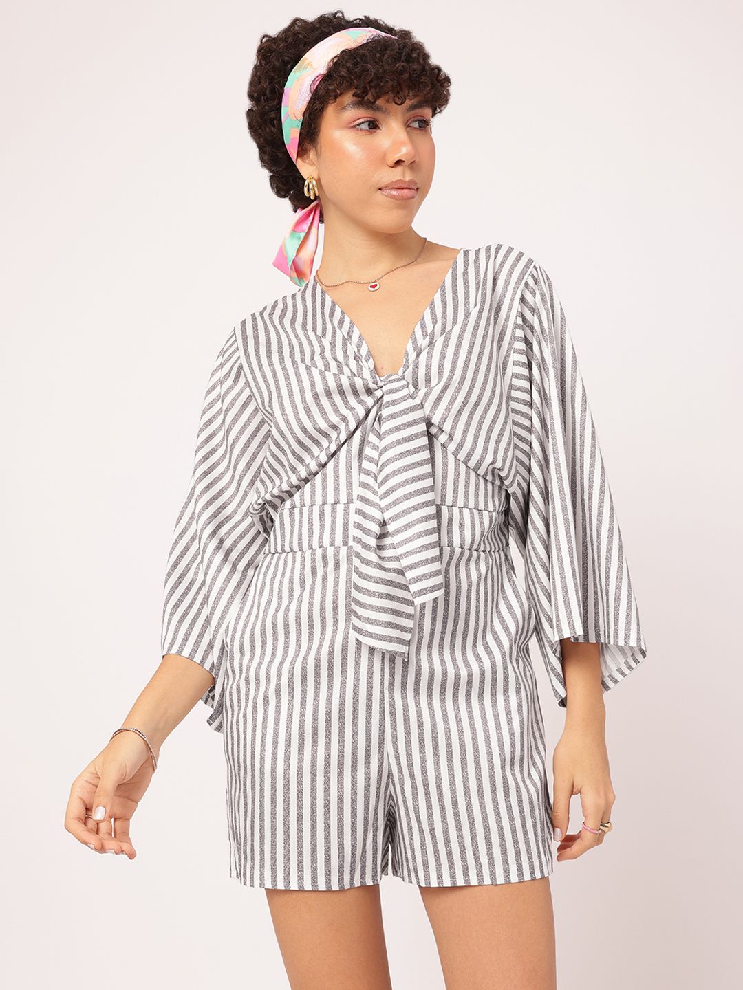 DressBerry Seamlessy Stylish Flared Sleeves Tie-Up Striped Playsuit