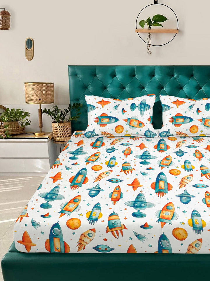 Watak Kartun Putih KLOTTHE Dipasang 300 TC TC Cadar King Double Dengan 2 Sarung Bantal
