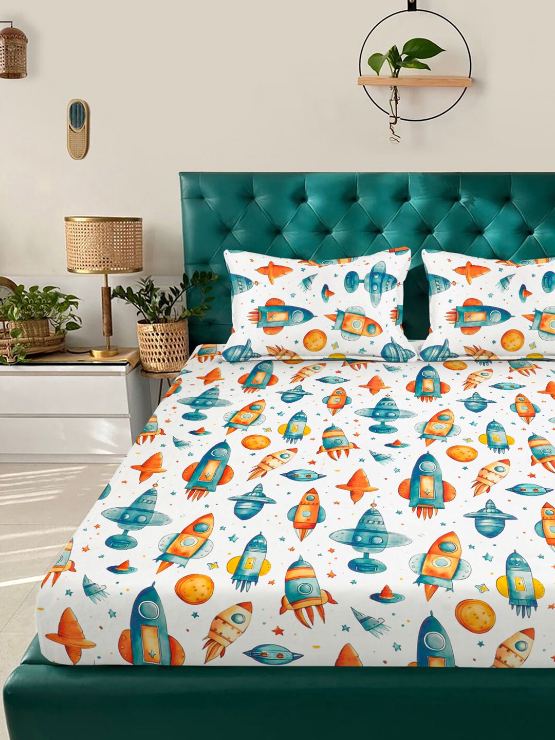 Watak Kartun Putih KLOTTHE Dipasang 300 TC TC Cadar King Double Dengan 2 Sarung Bantal