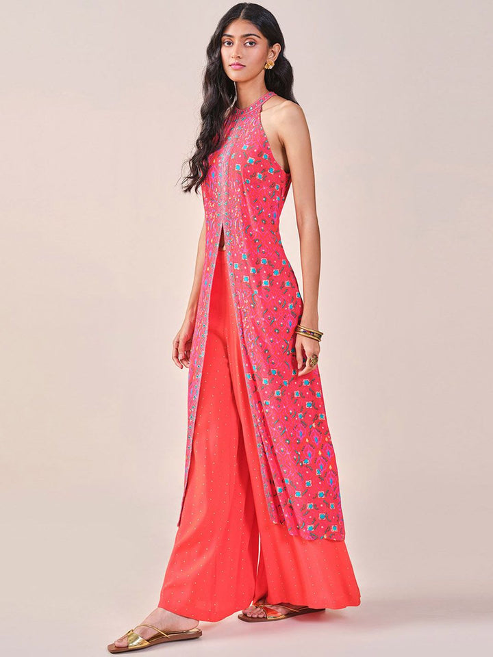 Global Desi Ethnic Motifs Printed Halter Neck Thread Work Kurta with Palazzos