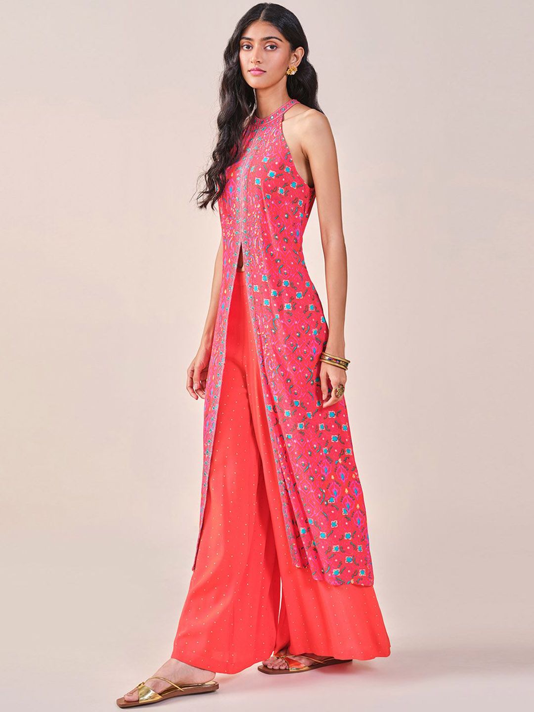 Global Desi Ethnic Motifs Printed Halter Neck Thread Work Kurta with Palazzos