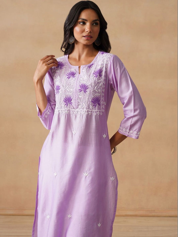 House of Chikankari Women Solid Lavender Cotton Kurta