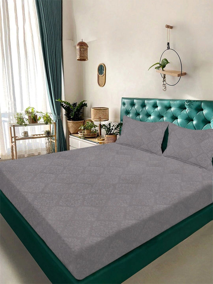 KLOTTHE Grey Floral 300 TC King Bedsheet with 2 Pillow Covers