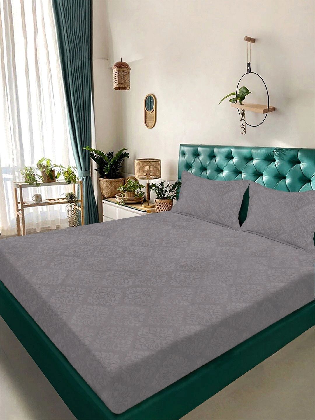 KLOTTHE Grey Floral 300 TC King Bedsheet with 2 Pillow Covers