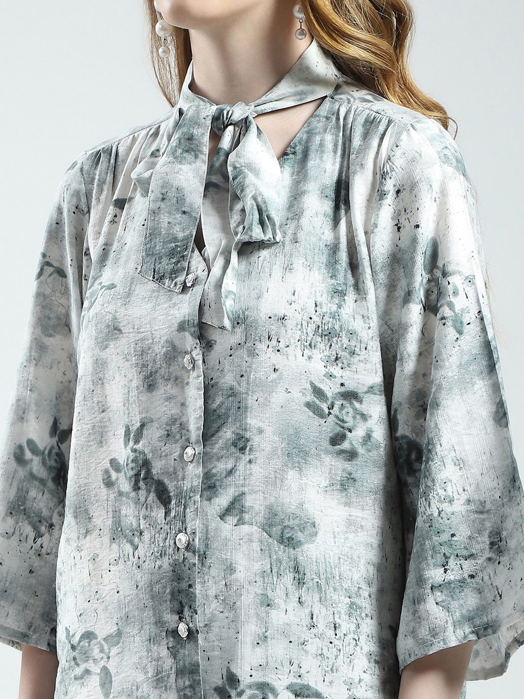 Monte Carlo Printed Tie-Up Neck Shirt Style Top