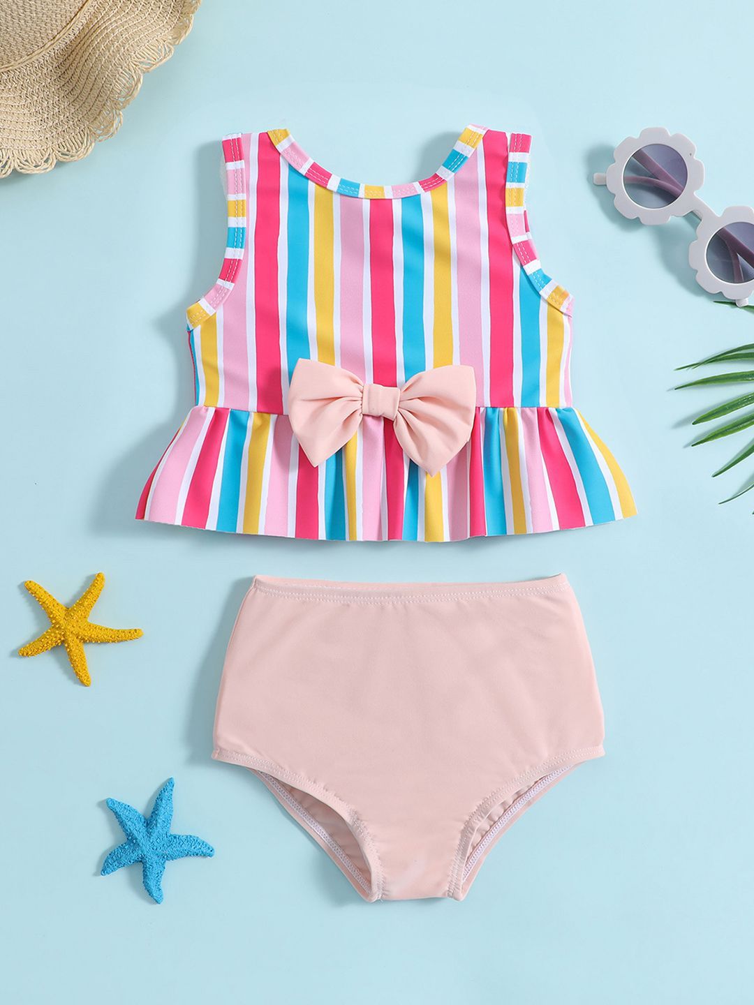 YK Girls Striped Top & Briefs Swim Set