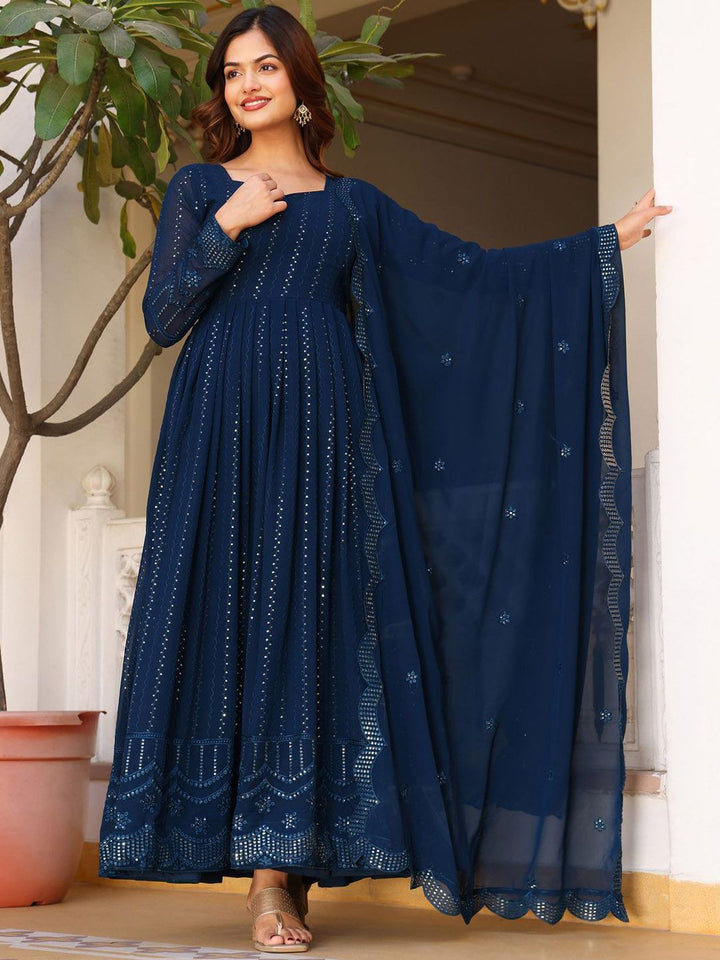 KALINI Geometric Embroidered Sweetheart Neck Anarkali Kurta With Pyjamas & Dupatta