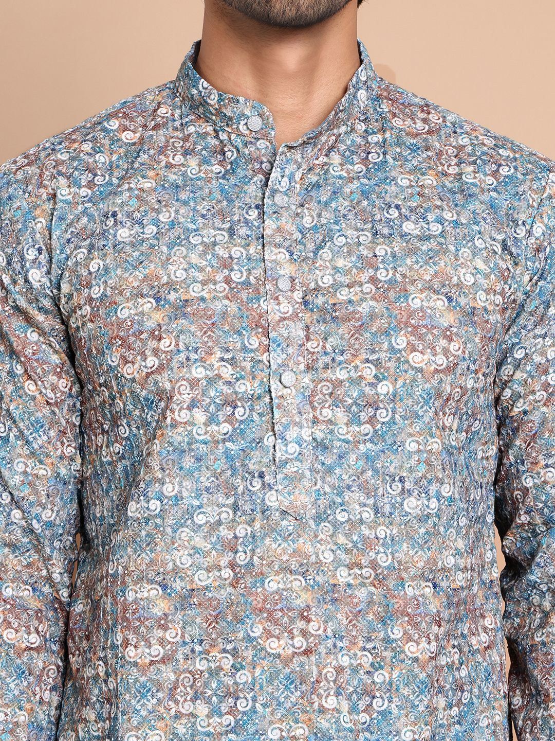 Jompers Men Floral Printed Chikankari Floral Kurta