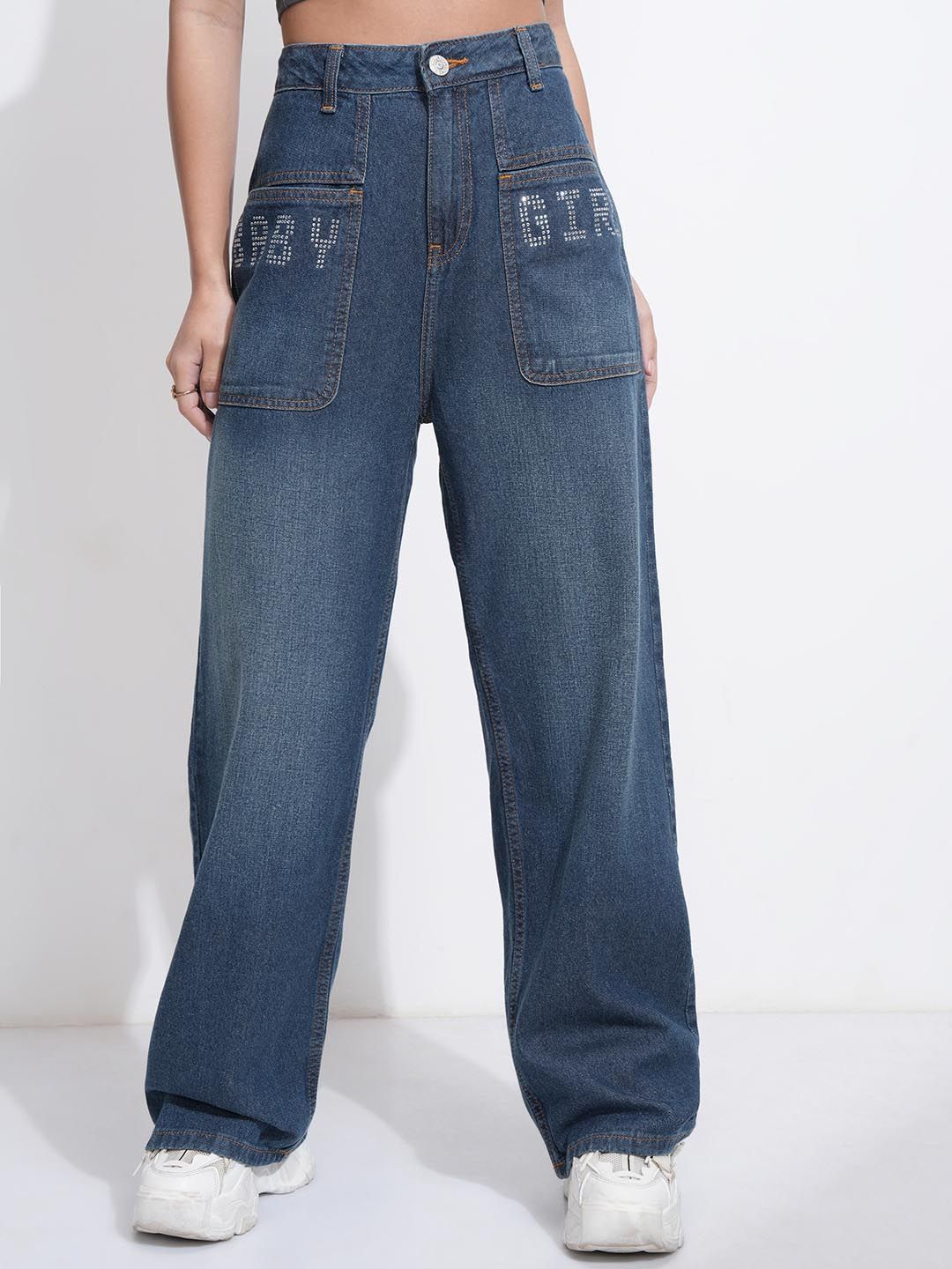 Street By Tokyo Talkies Women Rhinestone High Rise Wideleg Jeans