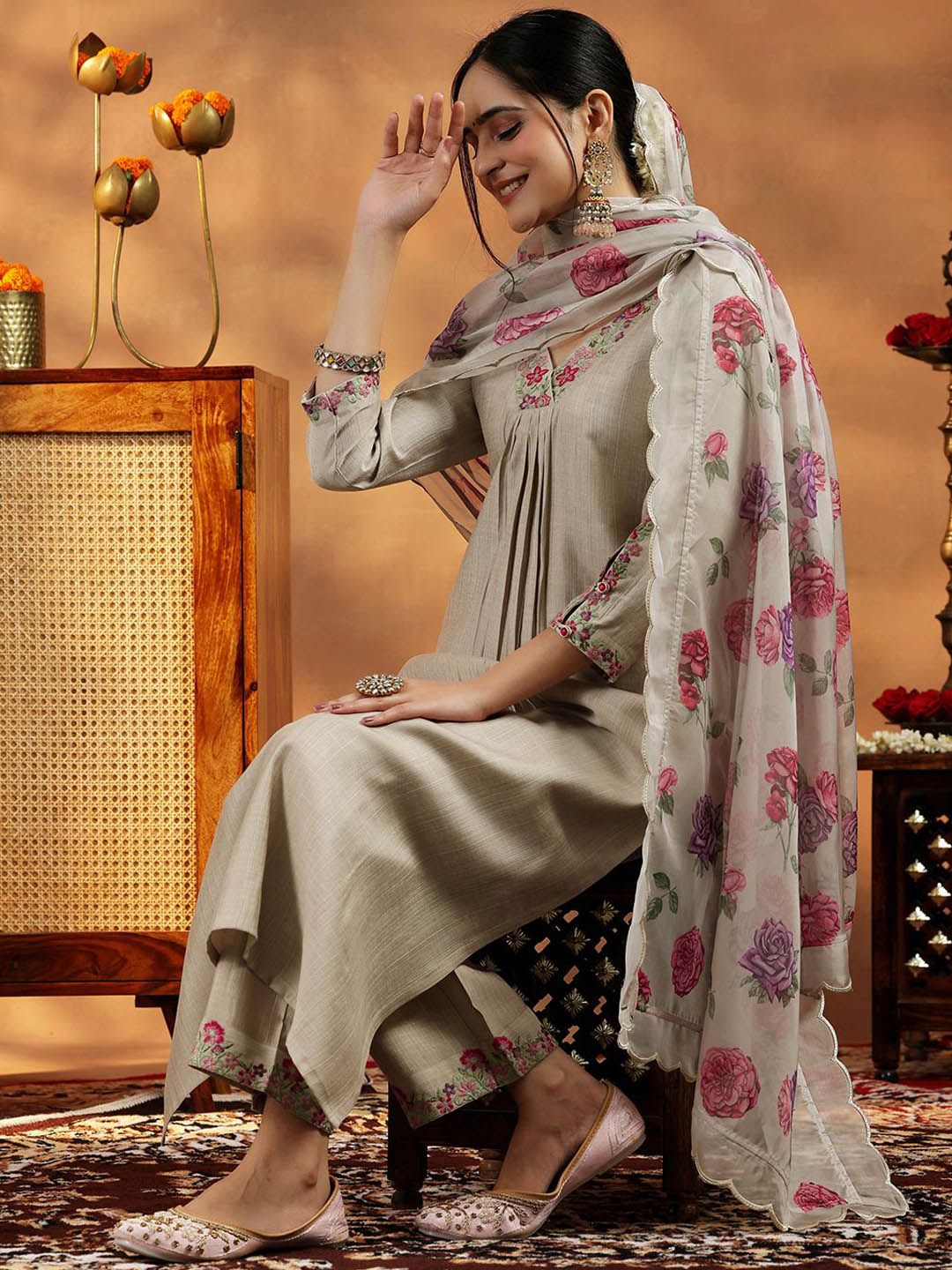 Libas Floral Yoke Design V-Neck Thread Work A-Line Kurta With Trousers And Dupatta
