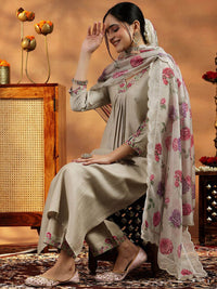 Libas Floral Yoke Design V-Neck Thread Work A-Line Kurta With Trousers And Dupatta